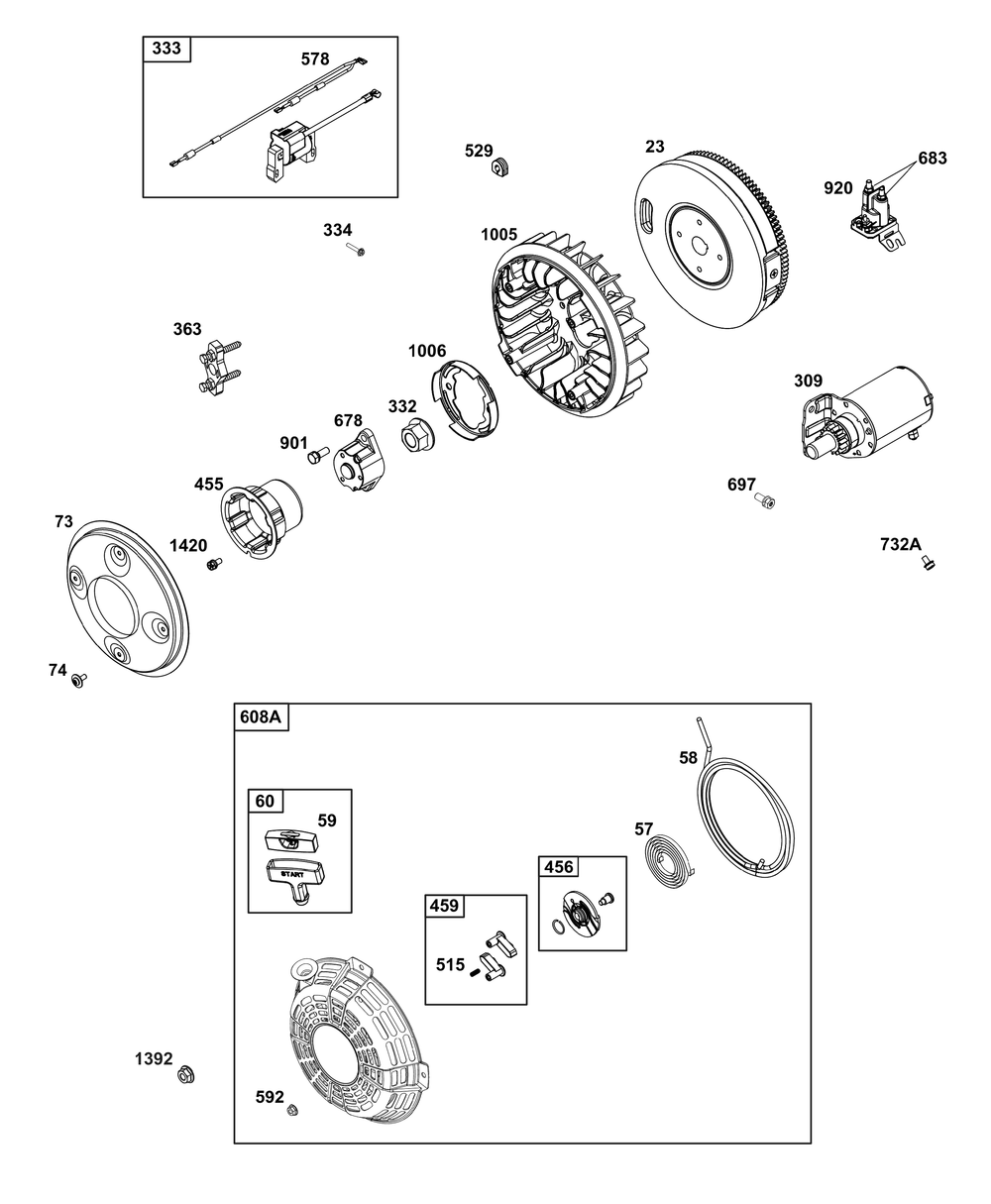 Flywheel, Ignition, And Starter Group Diagram and Parts List for 386447-0091-B5 200000 - 399999 Briggs and Stratton Engine